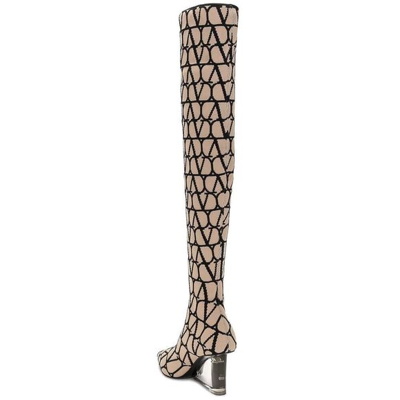 Valentino Garavani Iconographe Stretch Knot Over The Knee Boots Beige Black - Picture 3 of 8